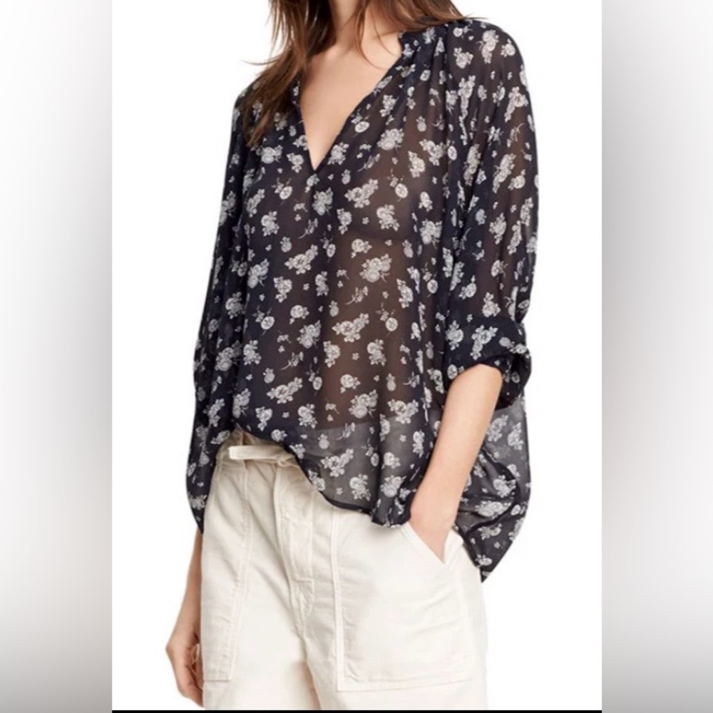 Vince Women’s Calico Floral‎ Sheer Navy Blue White Silk Blouse Size M $345